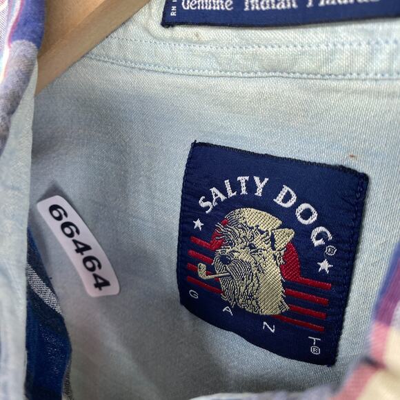 GANT Shirt Men L SALTY DOG Indian Madras Plaid Half Sleeve Button Up Cotton Blue - Picture 11 of 11